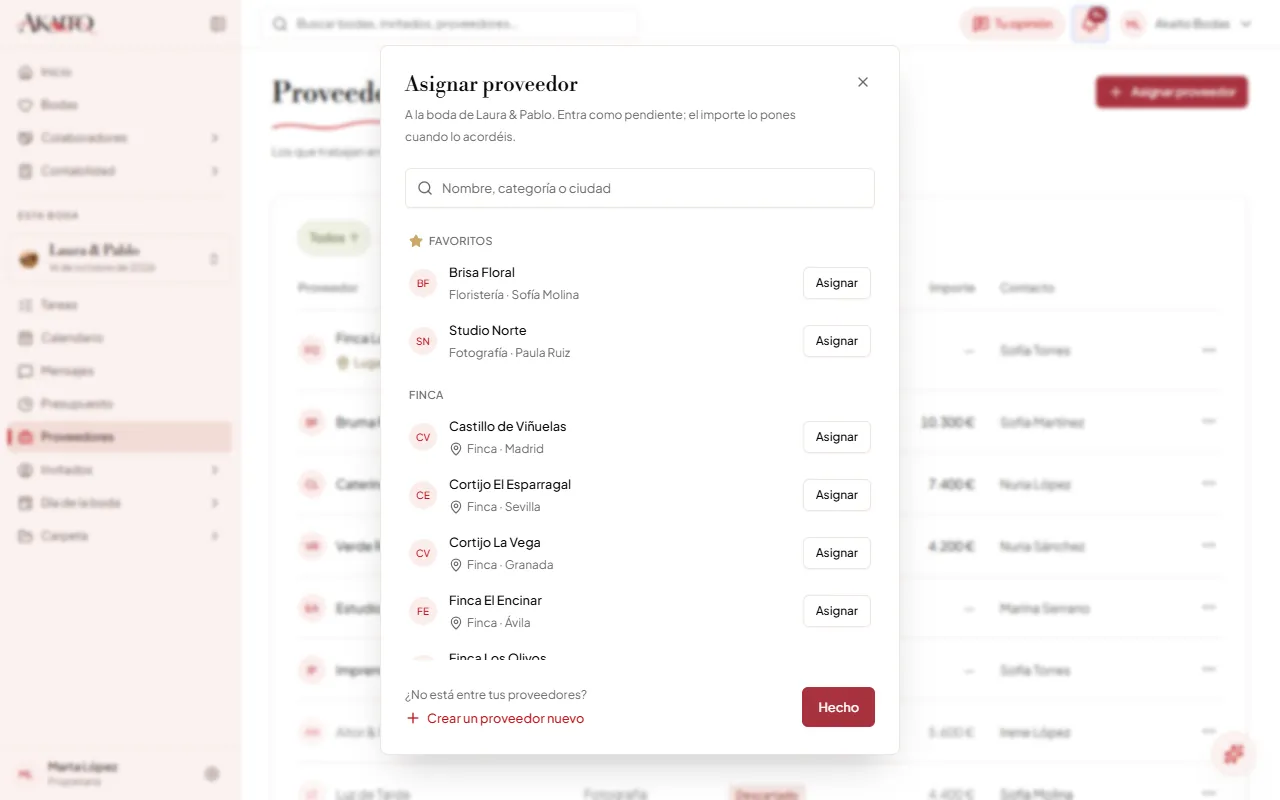 «Asignar proveedor»: tus favoritos primero y, debajo, por categoría, con las fincas las primeras.