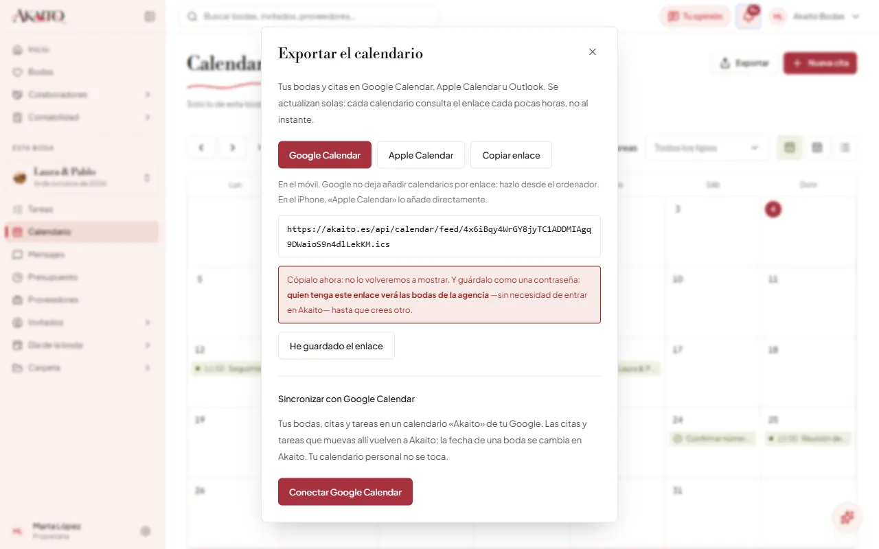 «Exportar el calendario» con el enlace recién creado: los botones «Google Calendar», «Apple Calendar» y «Copiar enlace», la dirección y el aviso de guardarla. Debajo sale «Sincronizar con Google Calendar» porque la demo tiene activada esa función; en tu cuenta solo aparece si está activada (capítulo 12.5).