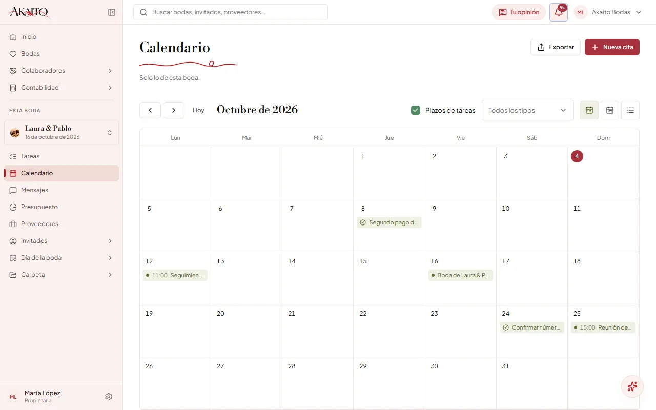 La vista Mes del calendario, con las citas y los plazos de la boda abierta. Arriba a la derecha, «Exportar» (capítulo 12.4) y «Nueva cita».