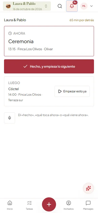 El Día B en el móvil: lo que pasa ahora, lo siguiente y el desfase con el horario. En la captura, la ceremonia está en curso y el día va 65 minutos por detrás.