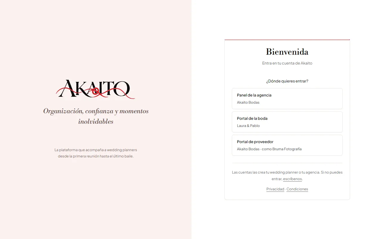 El paso «¿Dónde quieres entrar?» de un correo con tres cuentas. En la demostración no existe ninguna cuenta así: la pantalla se ha preparado con datos inventados para enseñar las tres opciones.