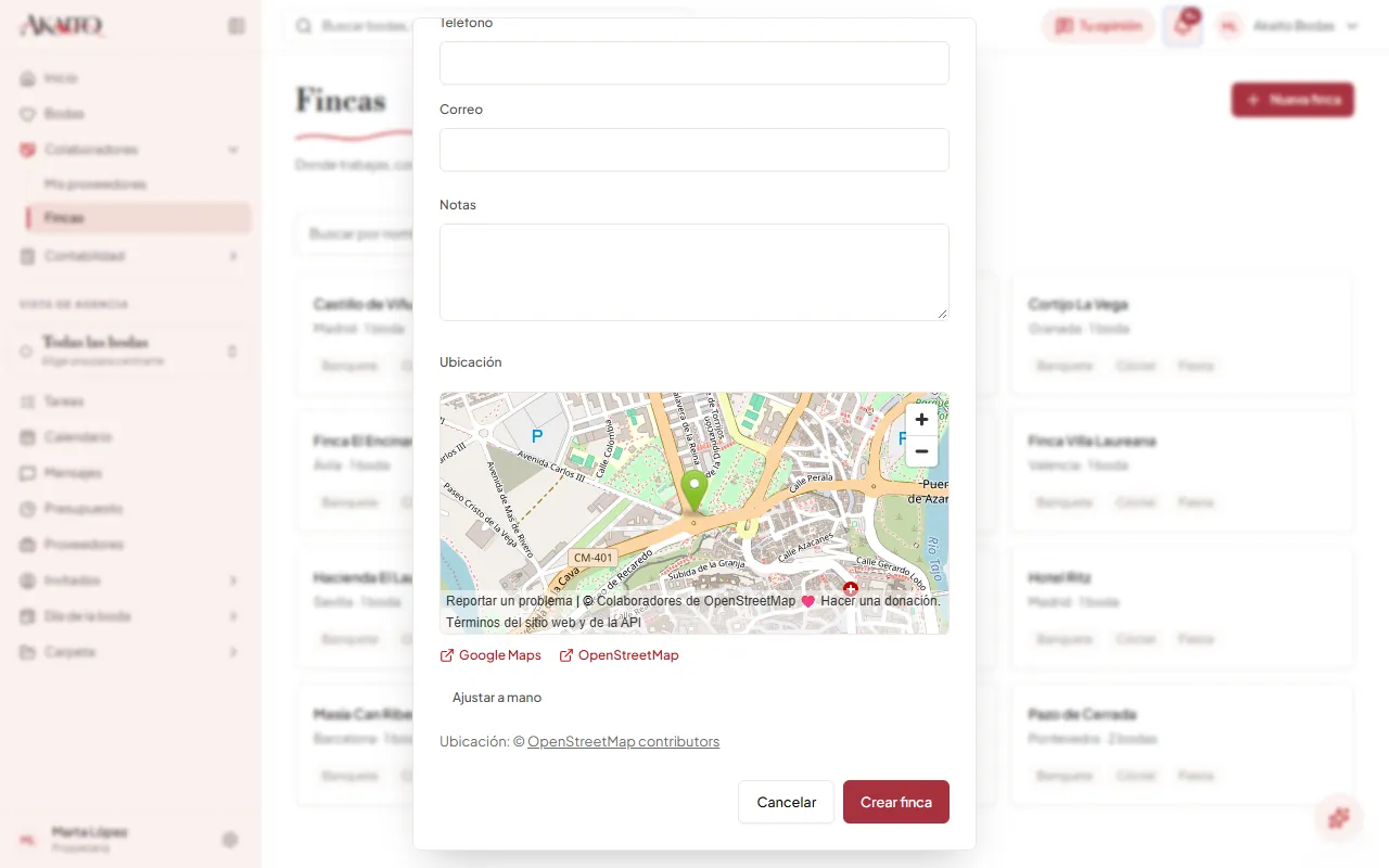 Una finca nueva después de elegir su dirección de la lista: «Ubicación» enseña el mapa con la finca marcada y, debajo, «Google Maps» y «OpenStreetMap». La dirección es uno de los lugares de muestra de la demostración.