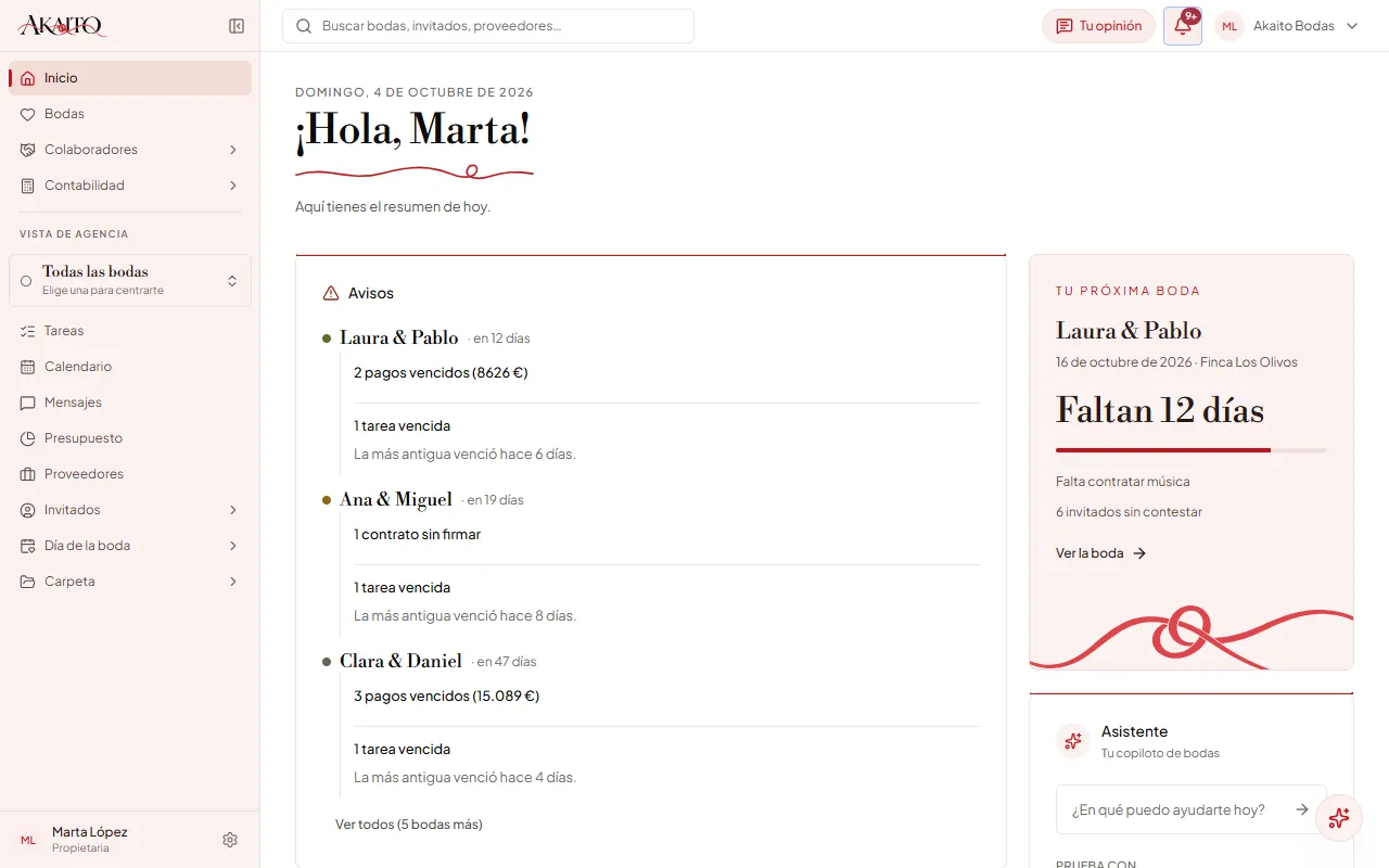 Inicio en modo agencia: los avisos agrupados por boda, de la más cercana a la más lejana, «Tu próxima boda» con su cuenta atrás y el asistente.