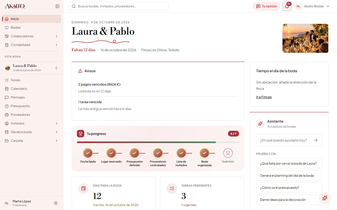Inicio con una boda abierta: avisos, progreso, cifras y el tiempo del día de la boda. Captura con los portales activados: con ellos apagados, la tarjeta «Información principal» no tiene el botón «Portal de la pareja».