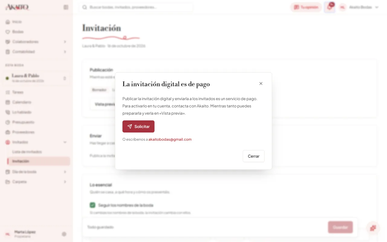 La ventana que sale al pulsar «Publicar» en una cuenta sin la invitación digital activada, con «Solicitar» y el correo de Akaito.