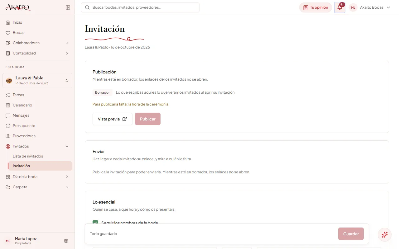 El editor de la invitación, todavía en borrador.