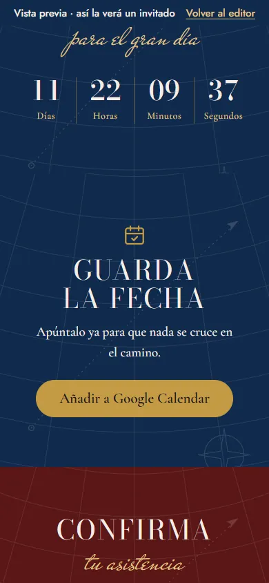 La invitación tal como la abre una invitada: la tapa con su nombre, la portada y la cuenta atrás con «Guarda la fecha».