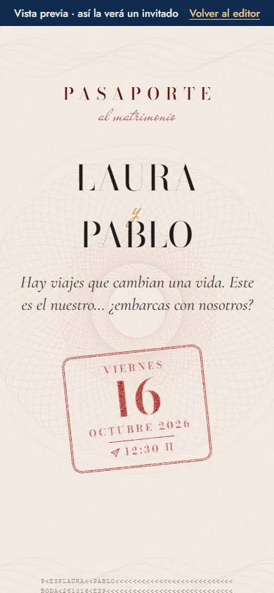 La invitación tal como la abre una invitada: la tapa con su nombre, la portada y la cuenta atrás con «Guarda la fecha».