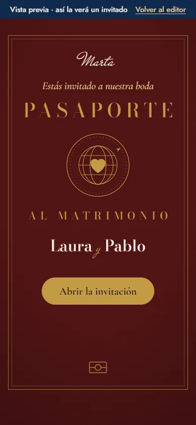 La invitación tal como la abre una invitada: la tapa con su nombre, la portada y la cuenta atrás con «Guarda la fecha».