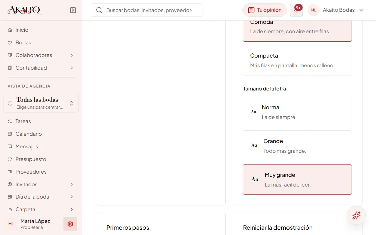 Ajustes › «Apariencia» con «Muy grande» elegido: el menú, los botones y el texto de toda la pantalla ya se ven más grandes, y cada «Aa» enseña el tamaño de su opción. La tarjeta «Reiniciar la demostración», abajo, es solo de la demo.