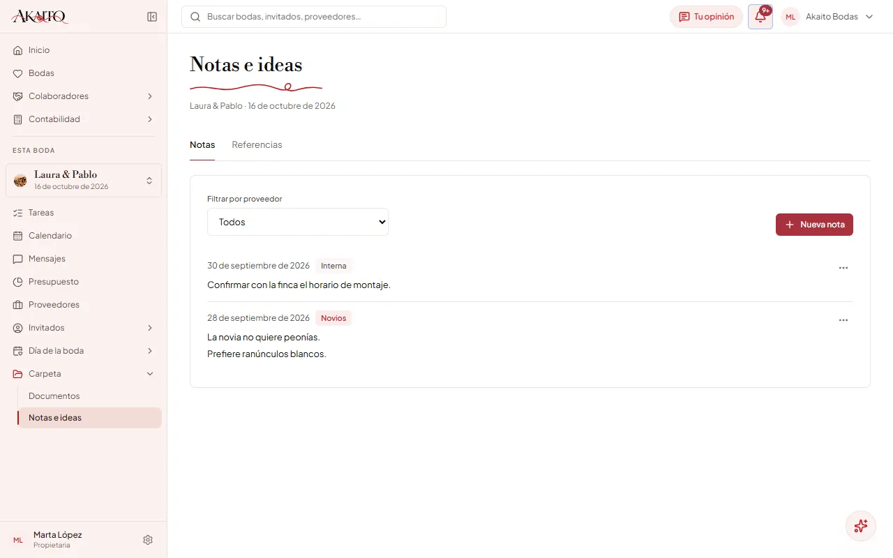 Las notas de una boda, con su fecha y con quién se habló.
