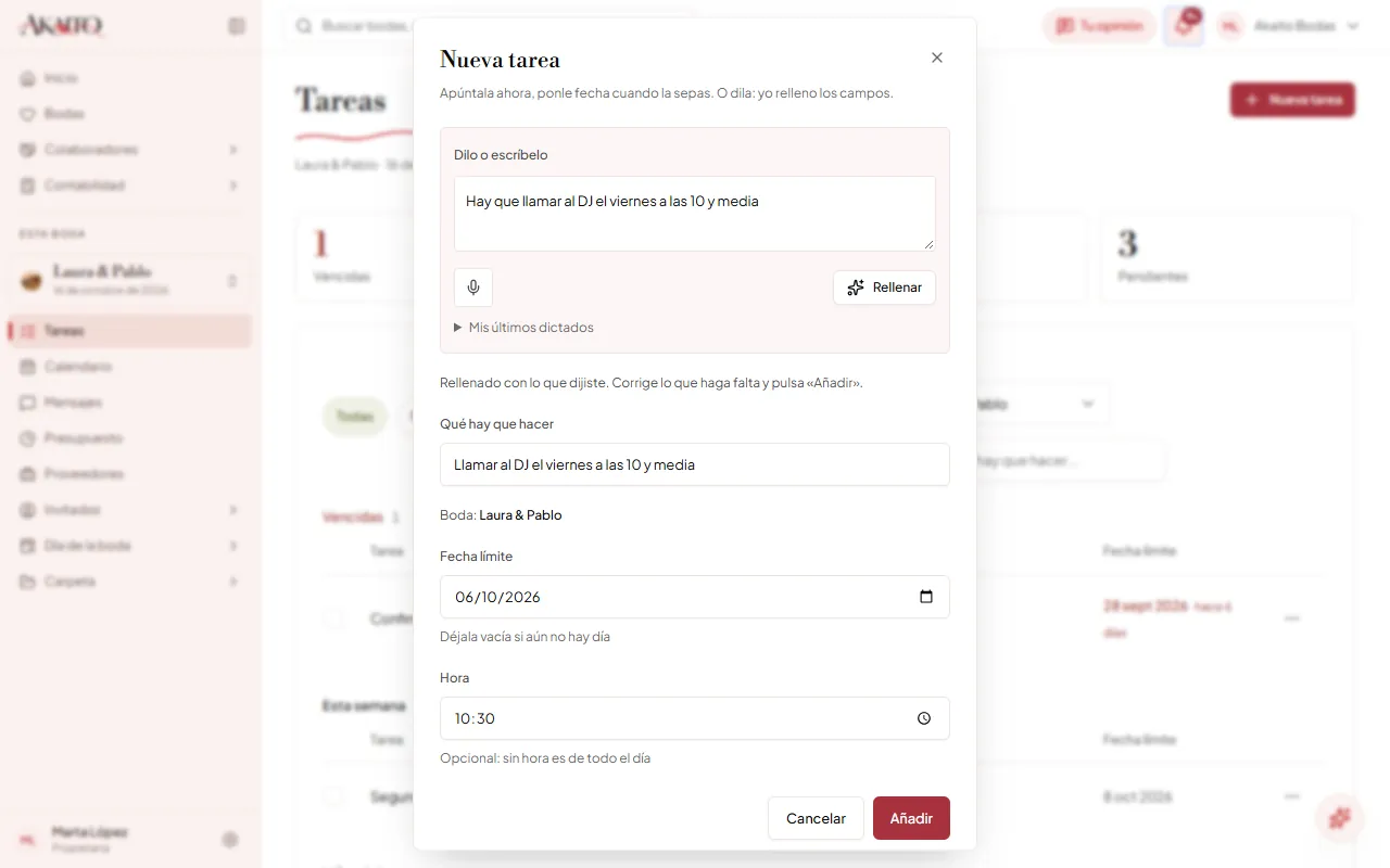 «Nueva tarea» con una sola tarea dictada: Akaito ha rellenado el título, el día y la hora, y la boda viene puesta.
